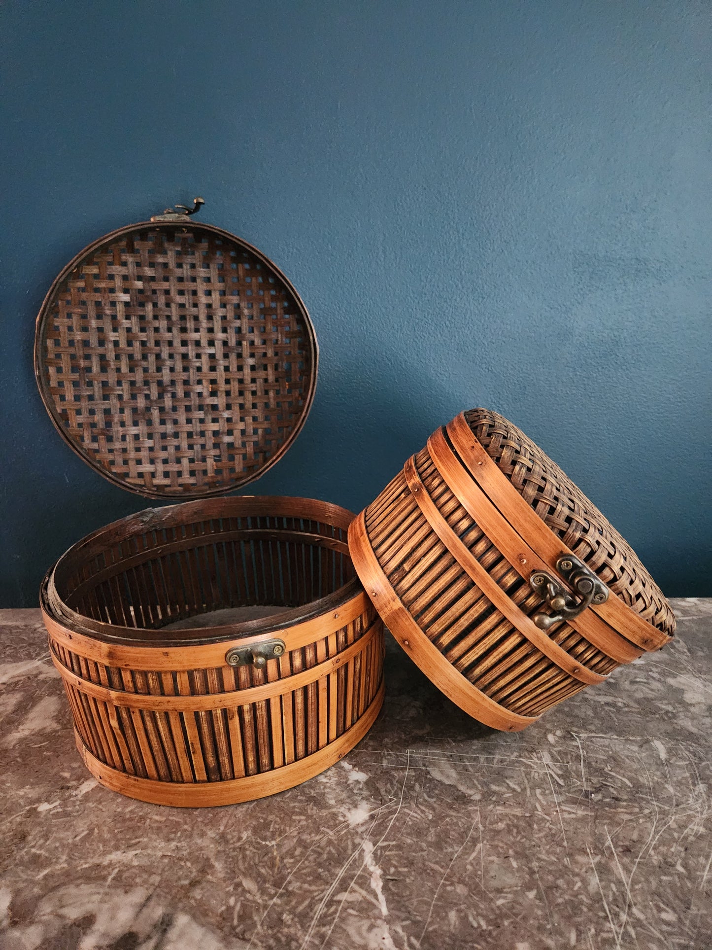 Set of Two Vintage Woven Lidded Baskets