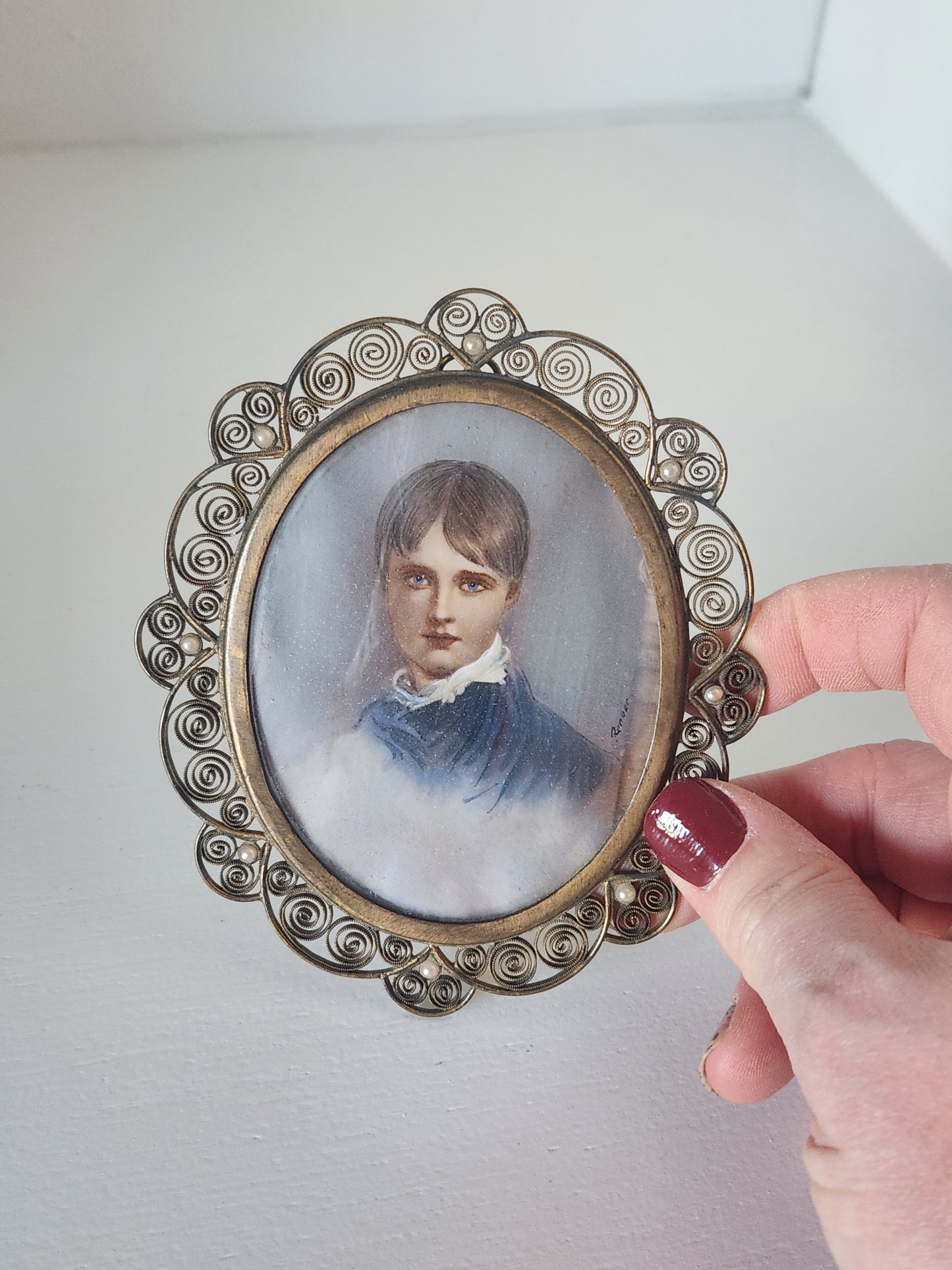 Antique Painted Portrait encased in Fillagree Frame with Pearl Embellishments
