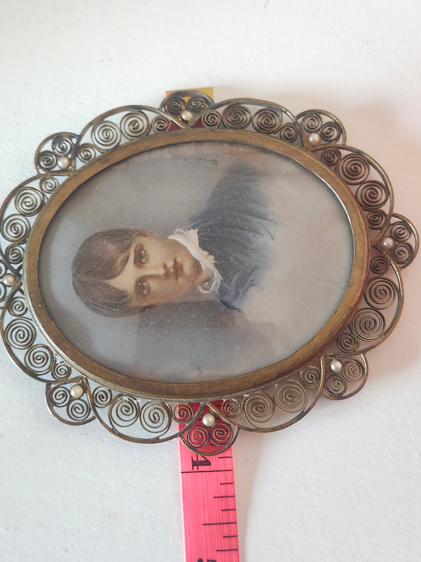 Antique Painted Portrait encased in Fillagree Frame with Pearl Embellishments