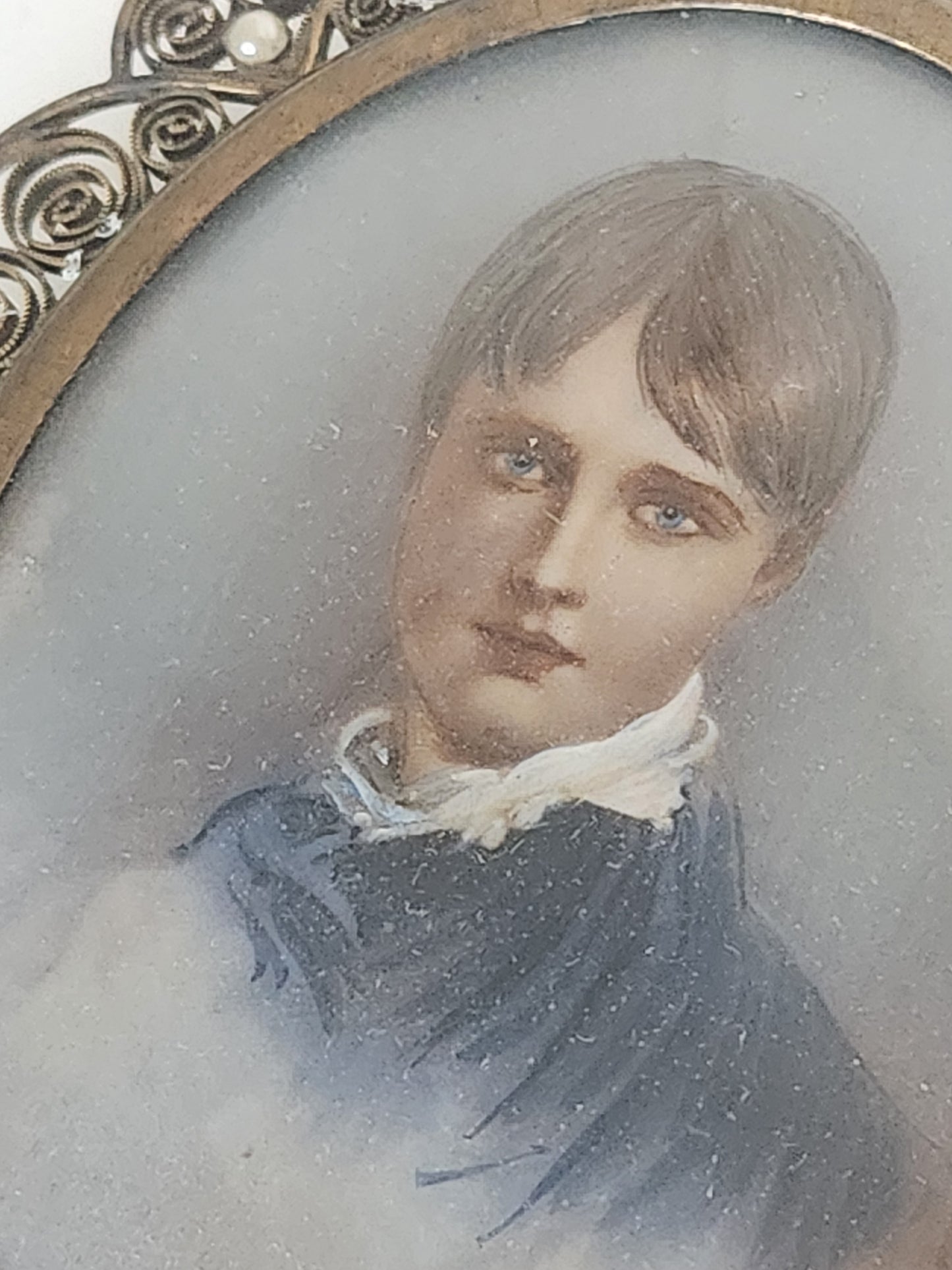 Antique Painted Portrait encased in Fillagree Frame with Pearl Embellishments