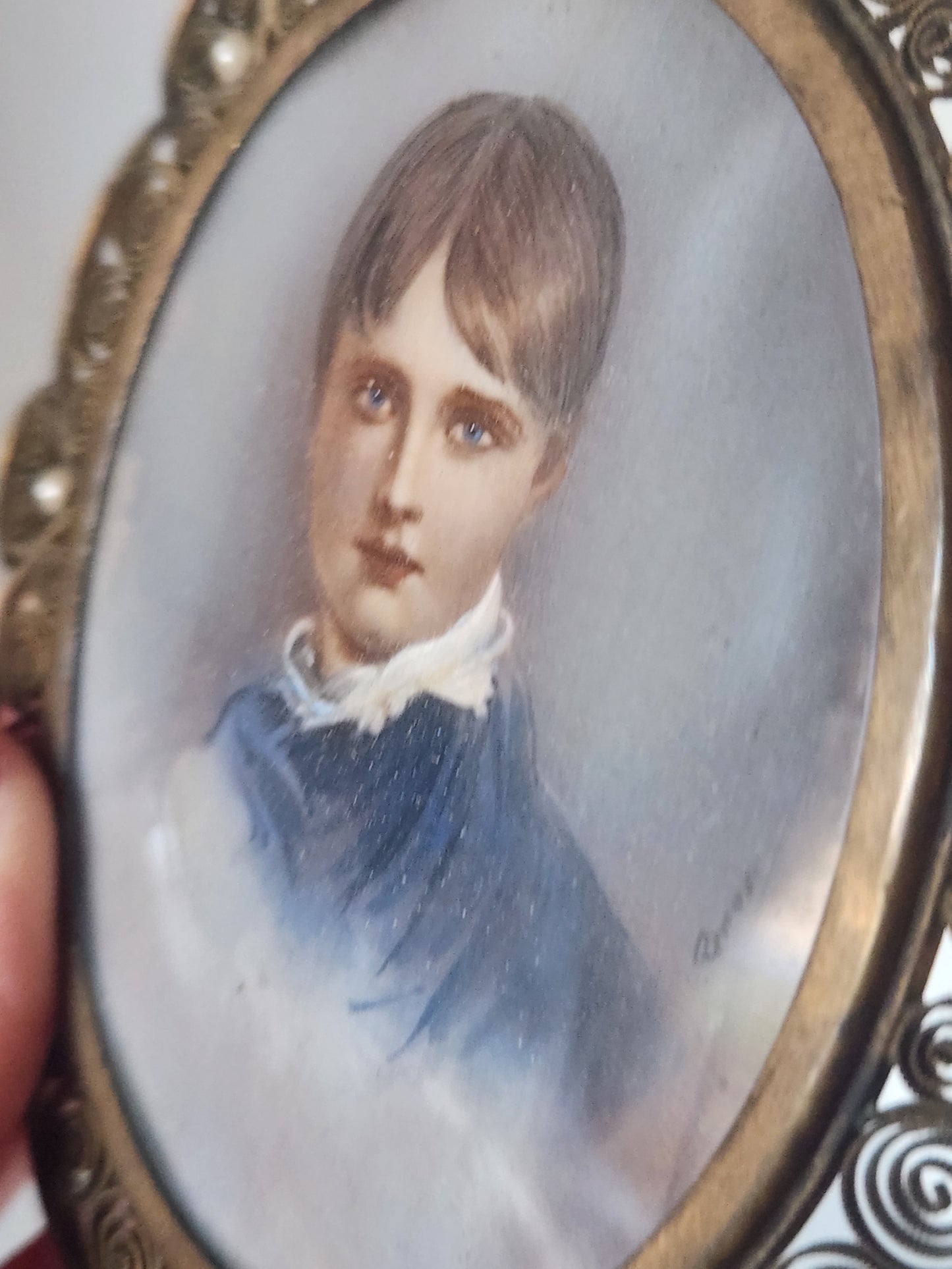 Antique Painted Portrait encased in Fillagree Frame with Pearl Embellishments