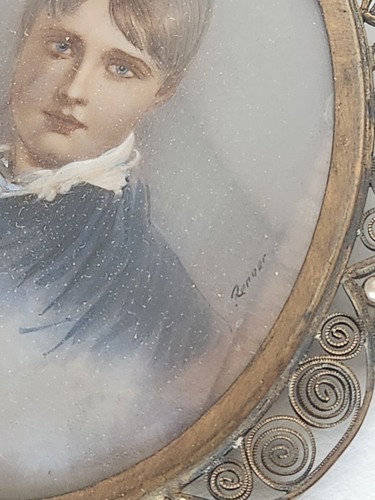 Antique Painted Portrait encased in Fillagree Frame with Pearl Embellishments