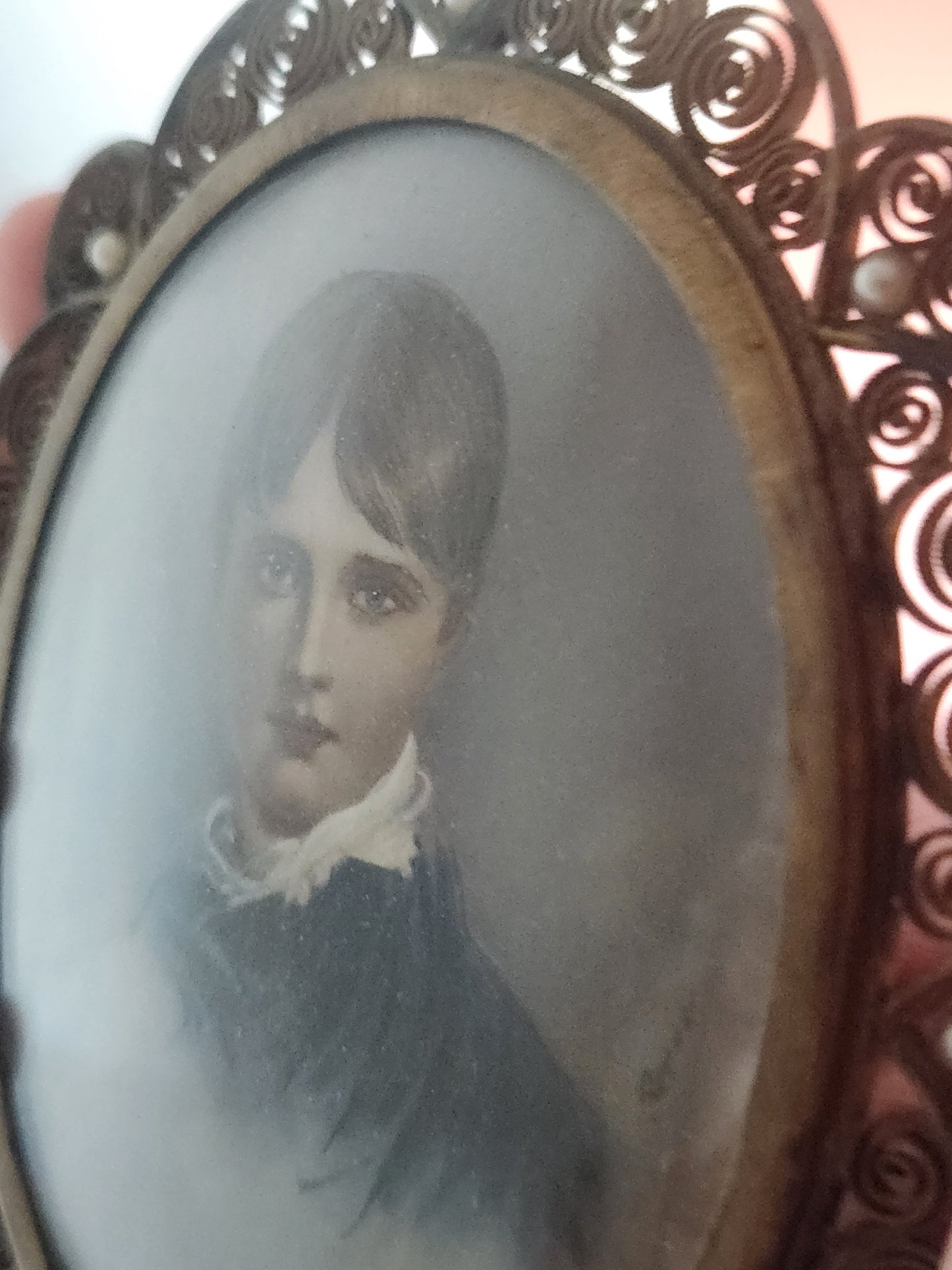 Antique Painted Portrait encased in Fillagree Frame with Pearl Embellishments