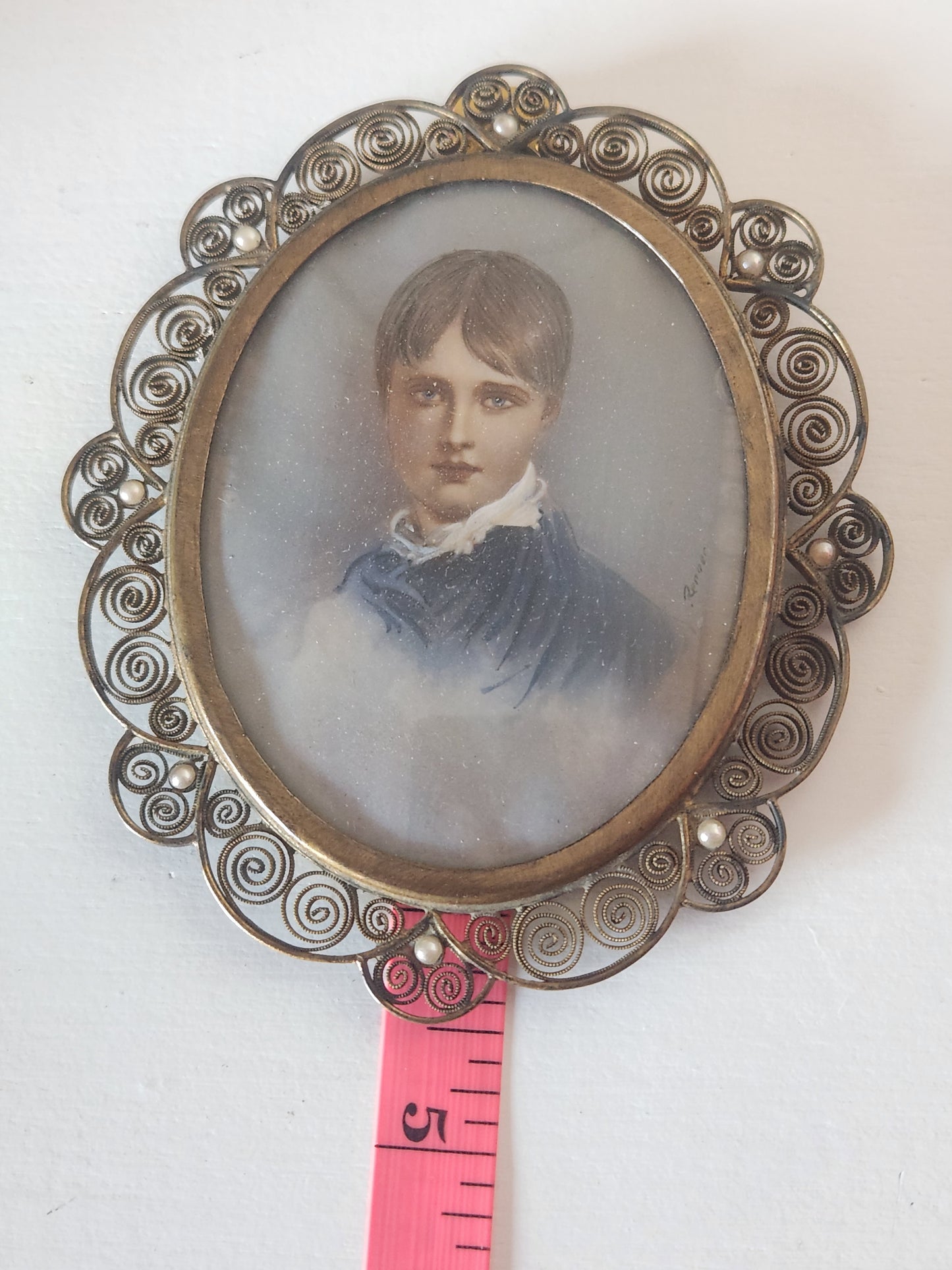 Antique Painted Portrait encased in Fillagree Frame with Pearl Embellishments