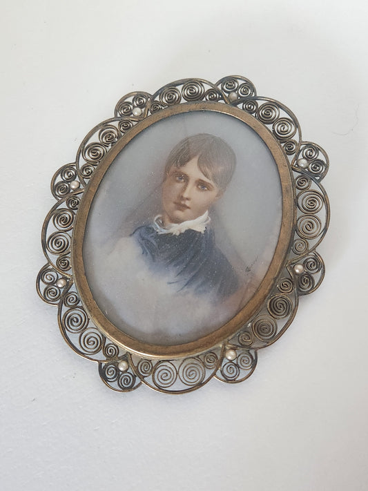 Antique Painted Portrait encased in Fillagree Frame with Pearl Embellishments