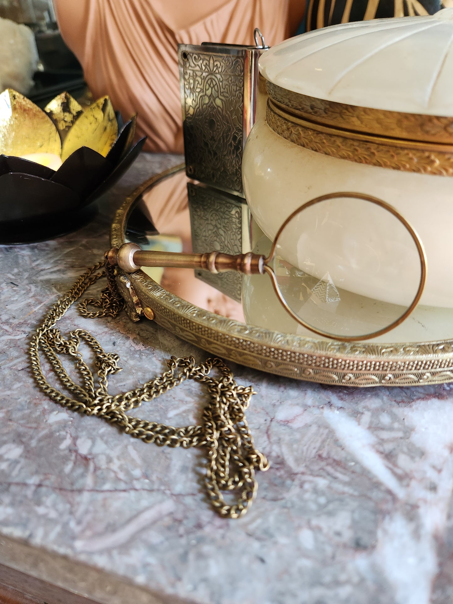 Small Antiqued Brass Magnifying Glass with Chain