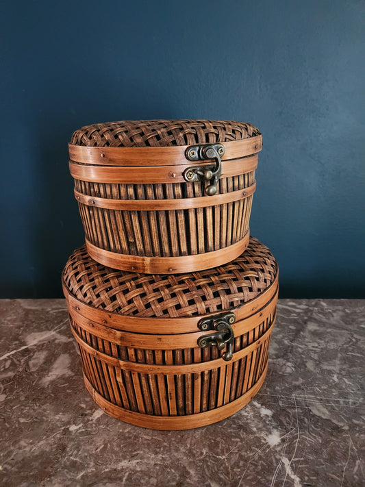 Set of Two Vintage Woven Lidded Baskets