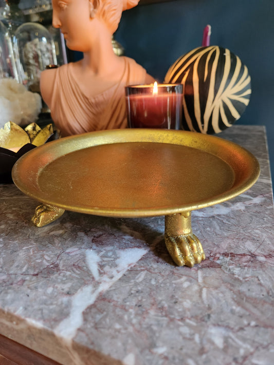 Pewter Round Claw Foot Dish with Gold Leaf